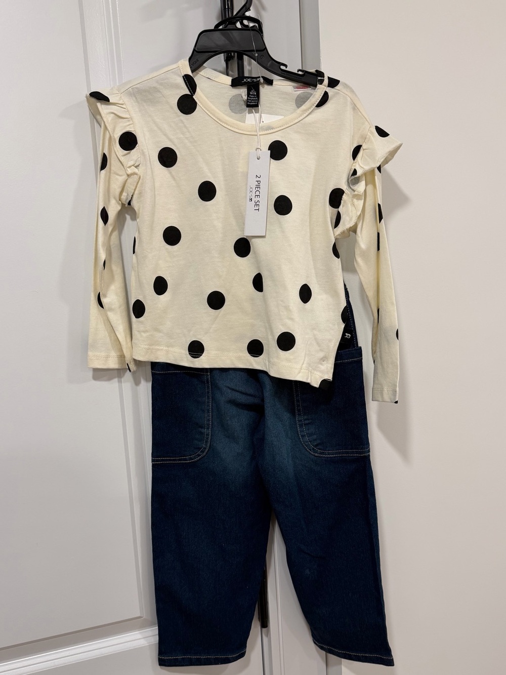 Kids Polka Dot Ruffle Shoulder Top and Pants Set - Cream & Black